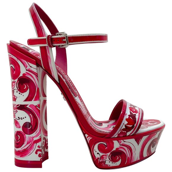 Dolce & Gabbana Fuchsia / White Patent Leather Tile Print Platform Sandals - Picture 2 of 10